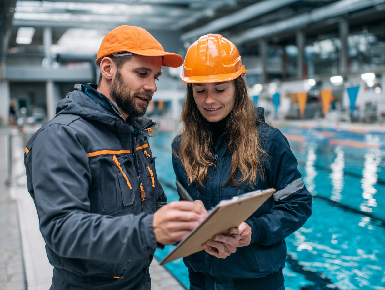 Client and engineer reviewing plans at the edge of an indoor pool